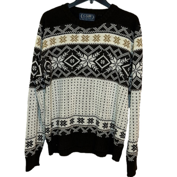 VINTAGE 80s CSM by Coliu St. Marx Dark Brown & Cream Knit Ski Sweater Men's - Picture 1 of 6